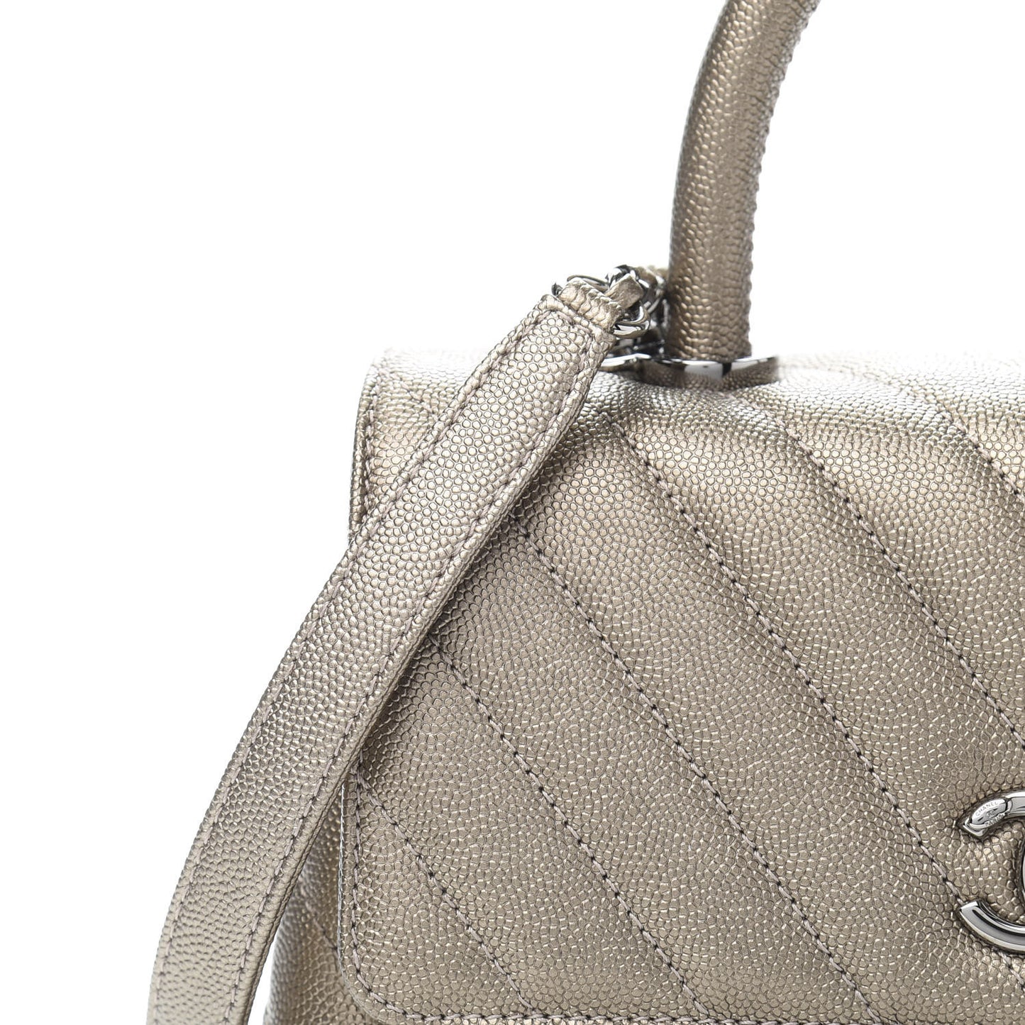 Metallic Caviar Chevron Quilted Mini Coco Handle Flap Light Gold