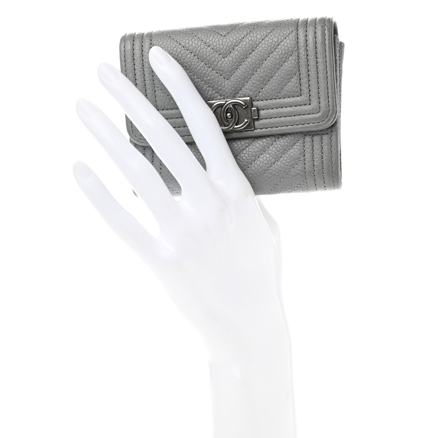 Caviar Chevron Quilted Boy Flap Card Holder Grey