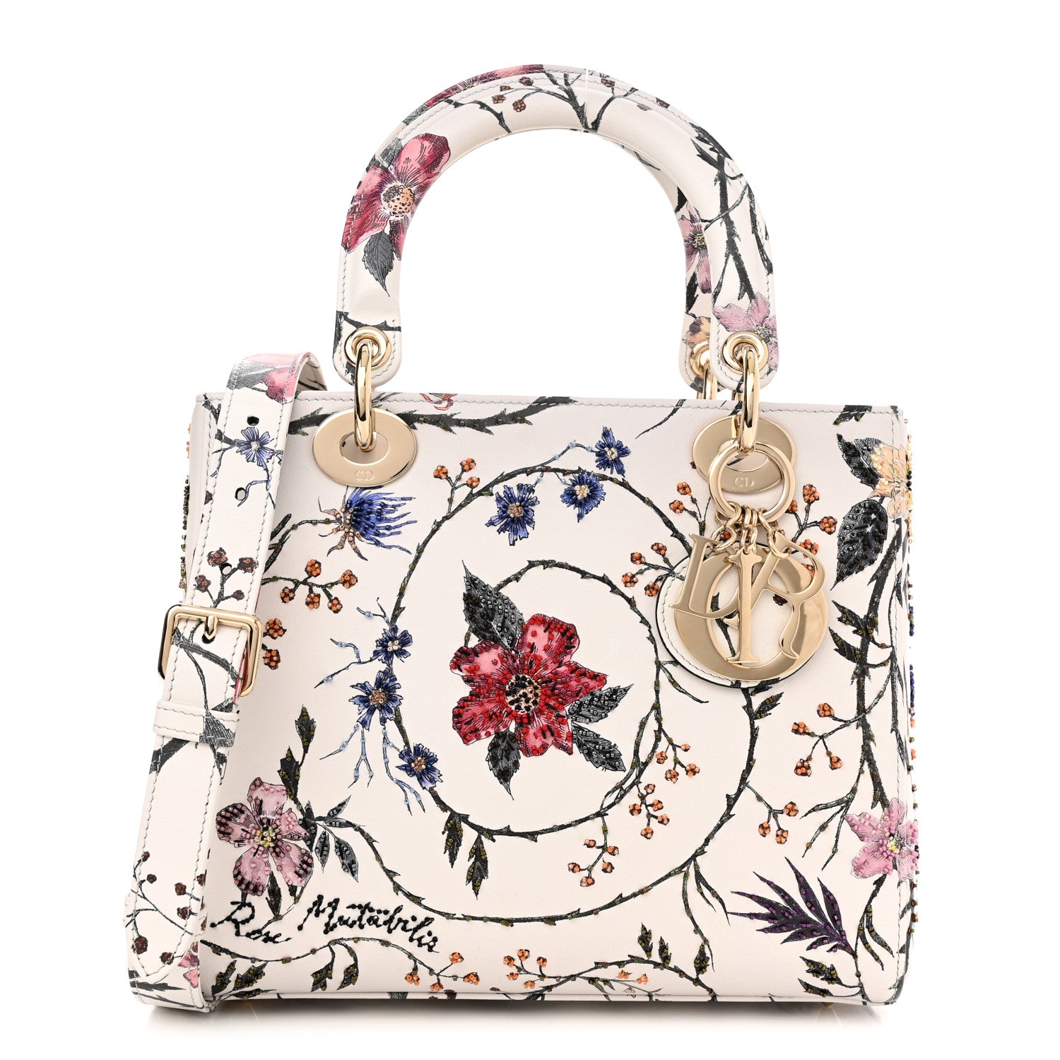Christian Dior Calfskin Rosa Mutabilis Embroidered Medium Lady Dior White Multicolor 1 of 10