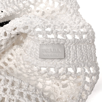 Prada Yarn Raffia Effect Crochet Logo Embroidered Tote Bag White 6 of 15