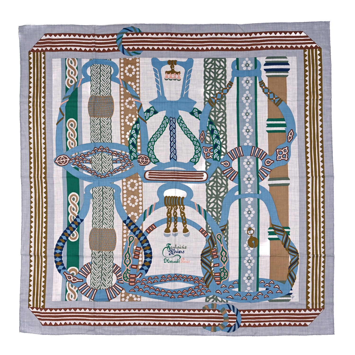 Hermes Cashmere Silk Fantaisie D'etriers Shawl 140 Gris Chine Vert Bleu 1 of 3