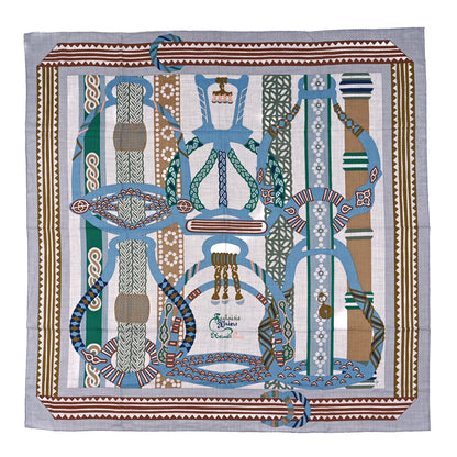 Hermes Cashmere Silk Fantaisie D'etriers Shawl 140 Gris Chine Vert Bleu 1 of 3
