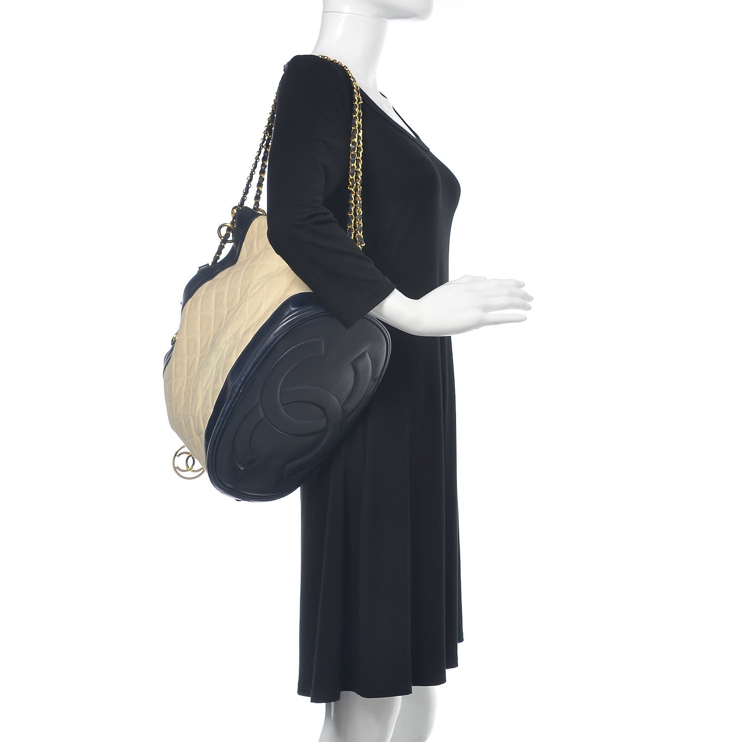 Chanel Lambskin Canvas Quilted CC Drawstring Shoulder Bag Beige Navy 2 of 15