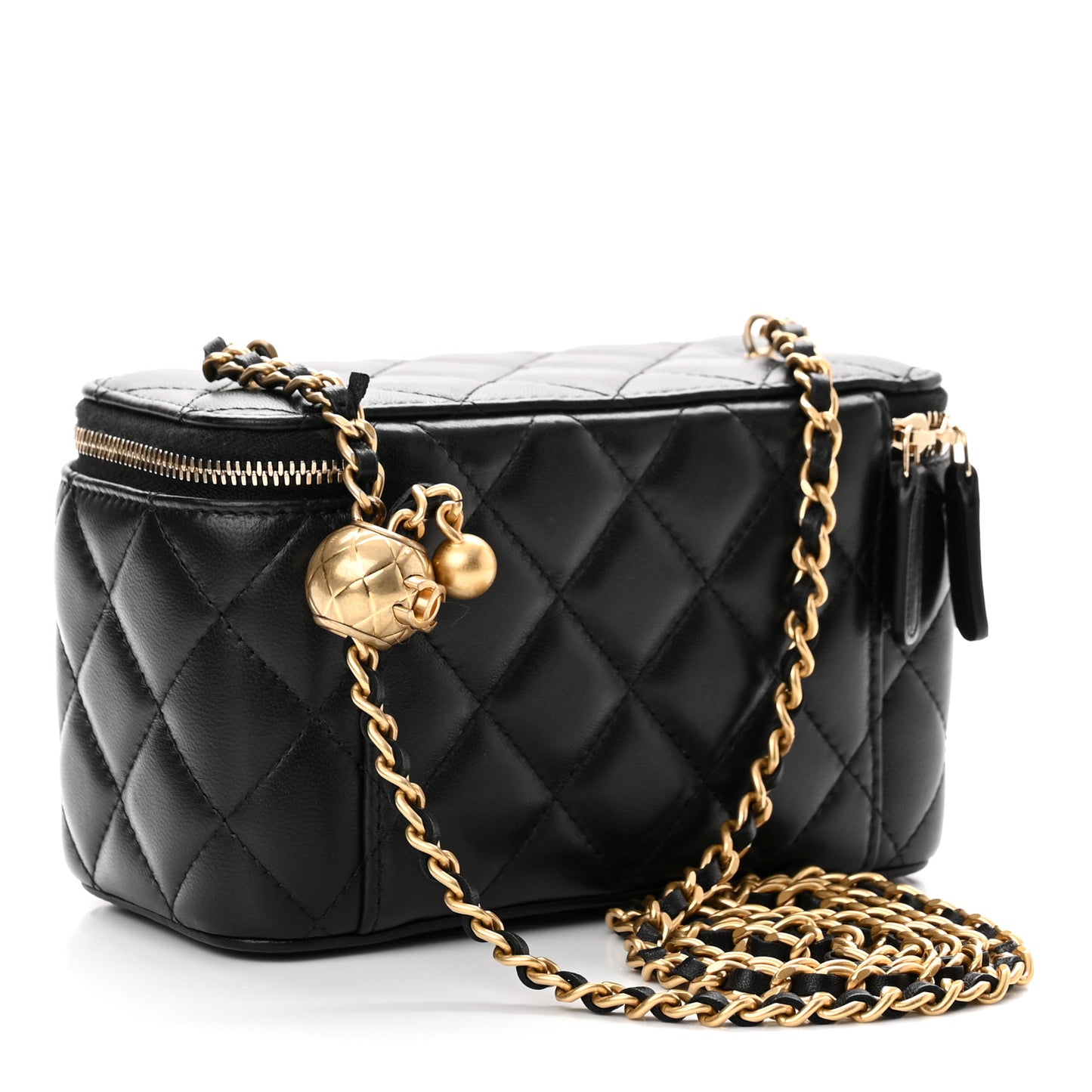 Lambskin Quilted Pearl Crush Small Vanity Case With Chain Black