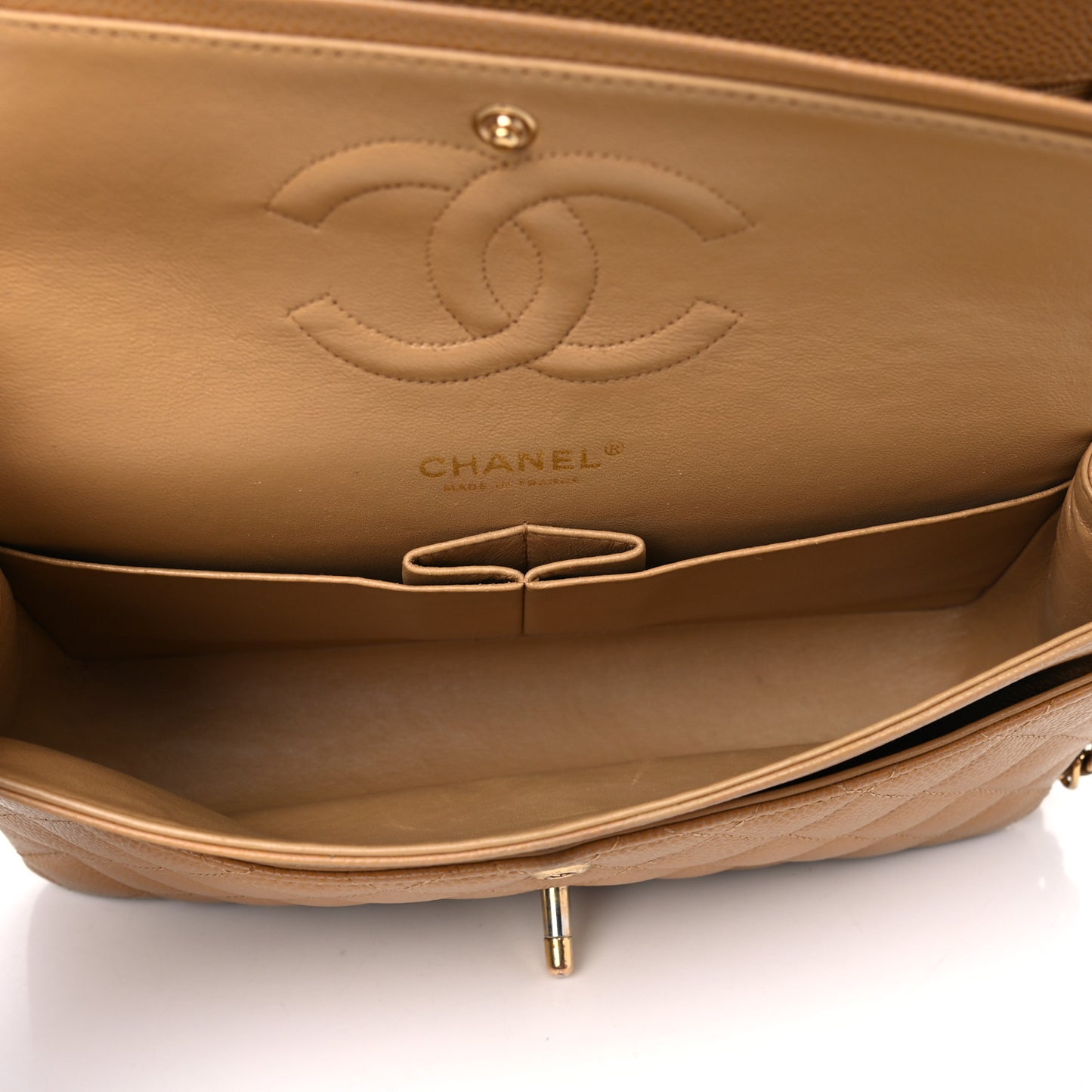 Caviar Quilted Medium Double Flap Beige