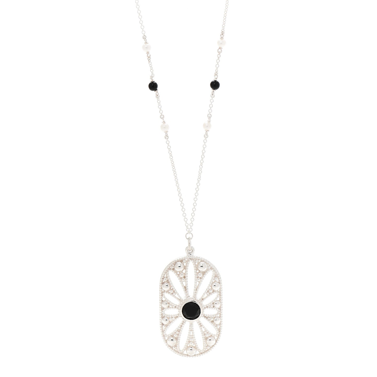 Sterling Silver Black Onyx Pearl Ziegfeld Daisy Pendant Necklace