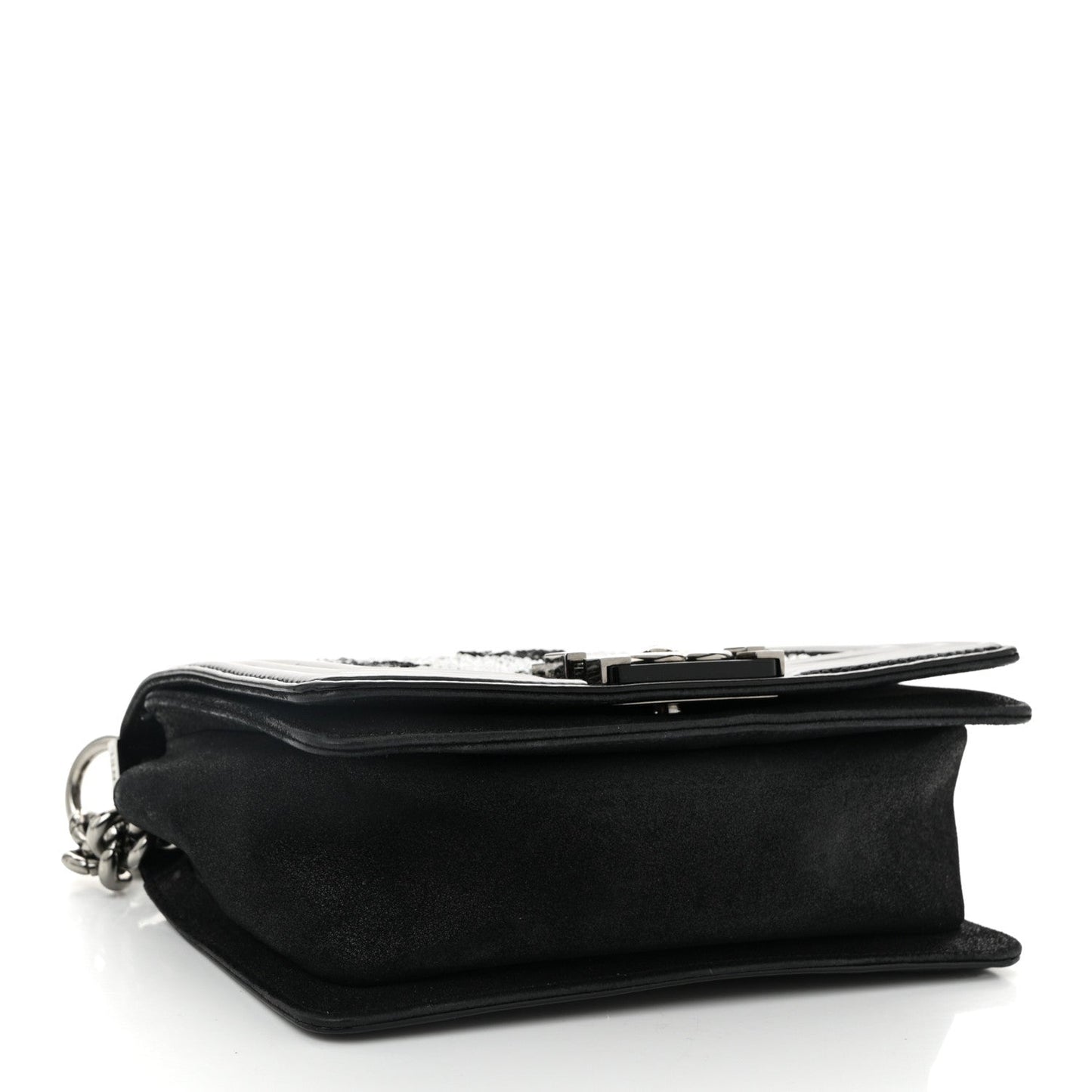 Patent Iridescent Calfskin Sequin Medium Boy Flap Bag Black