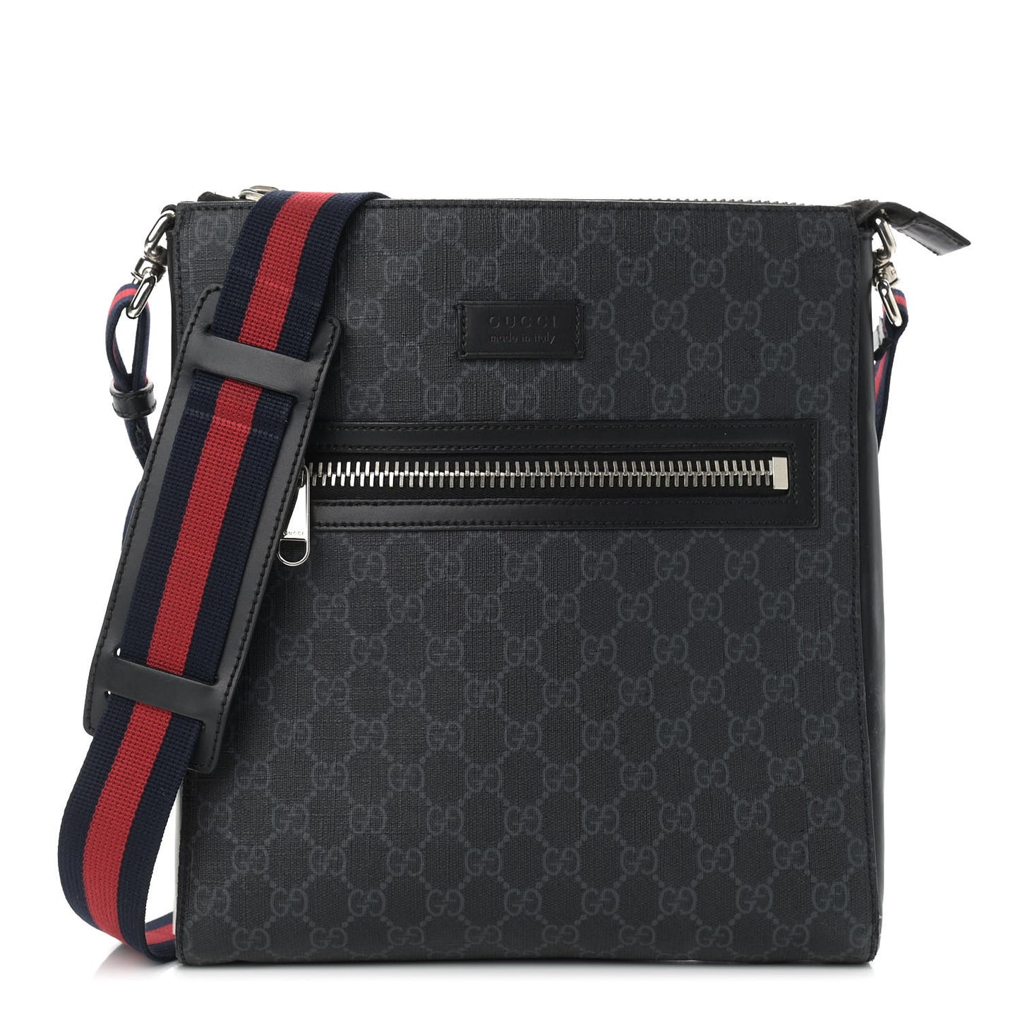 GG Supreme Monogram Appia Calfskin Web Flat Messenger Bag Black Grey