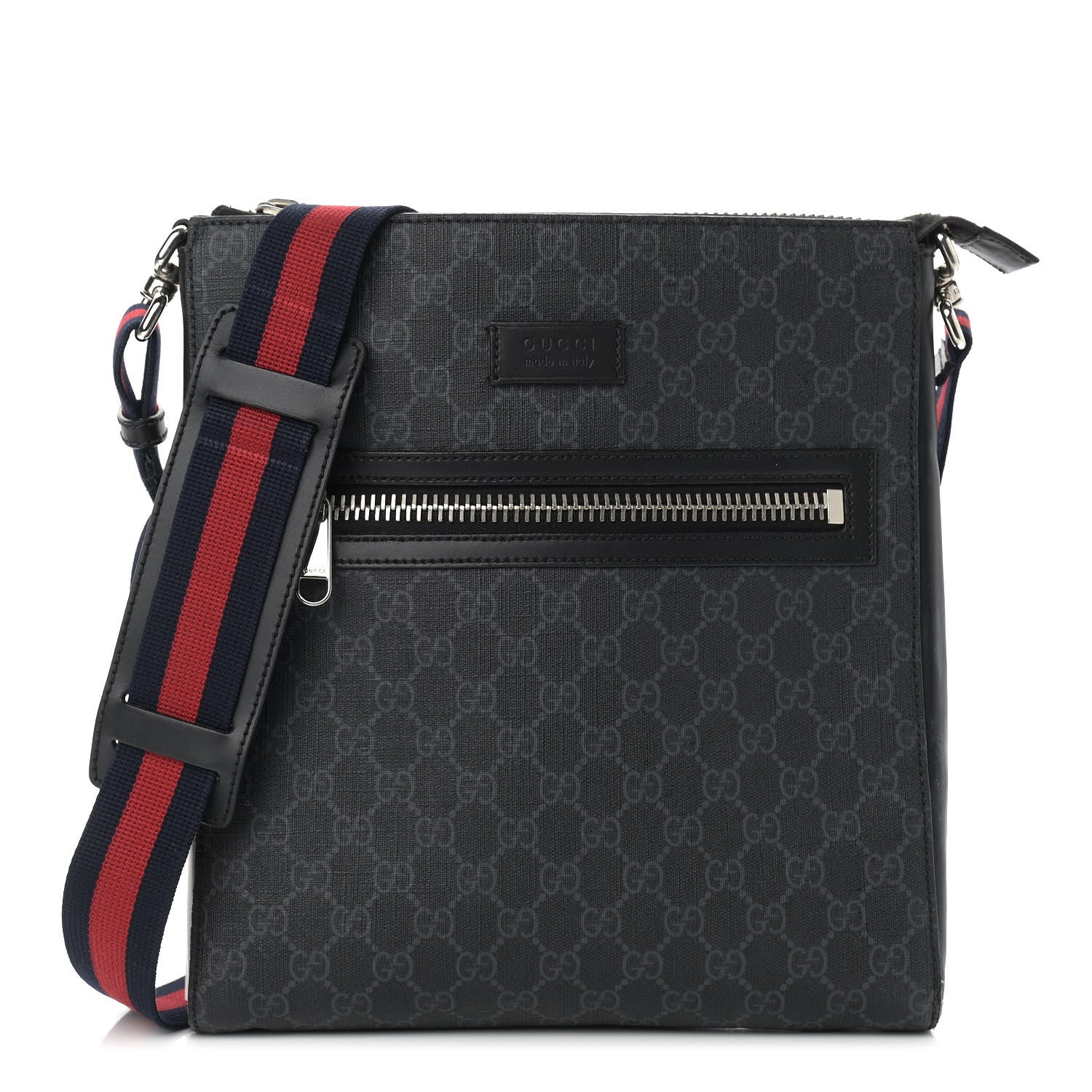 Gucci GG Supreme Monogram Appia Calfskin Web Flat Messenger Bag Black Grey 1 of 10