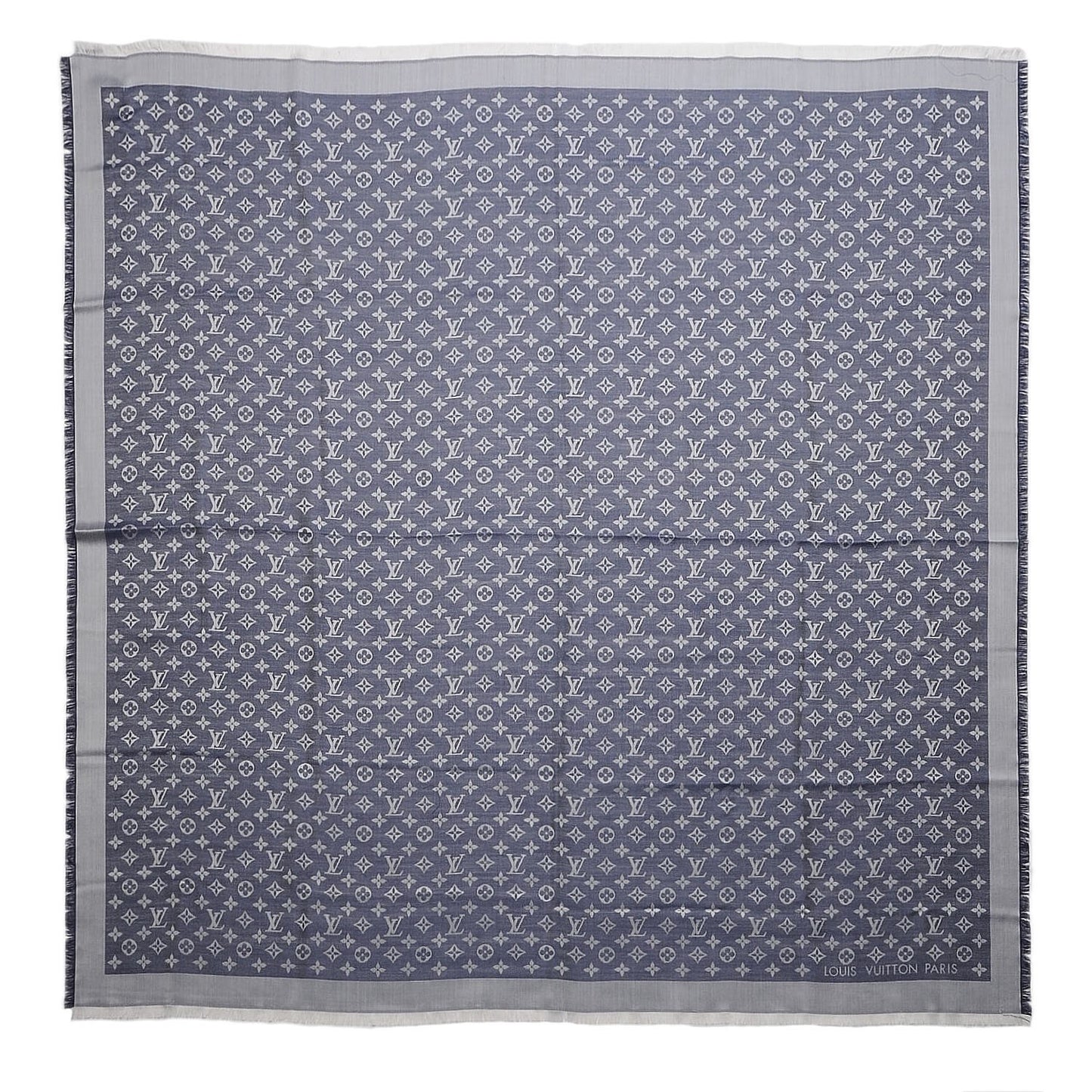 Wool Silk Monogram Denim Shawl Blue