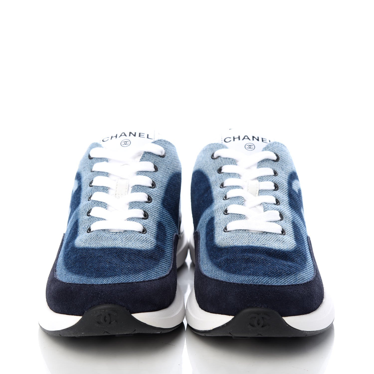 Chanel Denim Suede Calfskin Womens CC Sneakers 37 Blue White Black 2 of 10