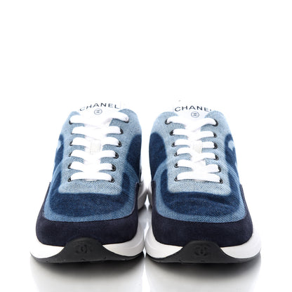 Chanel Denim Suede Calfskin Womens CC Sneakers 37 Blue White Black 2 of 10