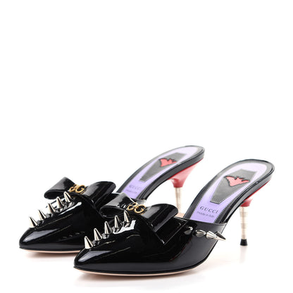 Gucci Patent GG Bow Sadie Spike Mid Heel Mules 36.5 Black 3 of 9