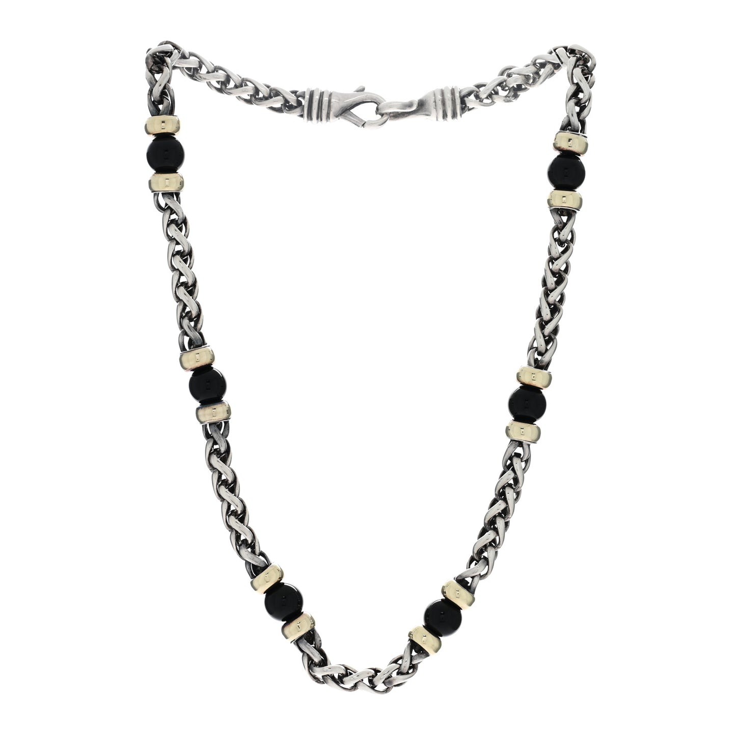 Sterling Silver 18K Yellow Gold Black Onyx Wheat Chain Necklace