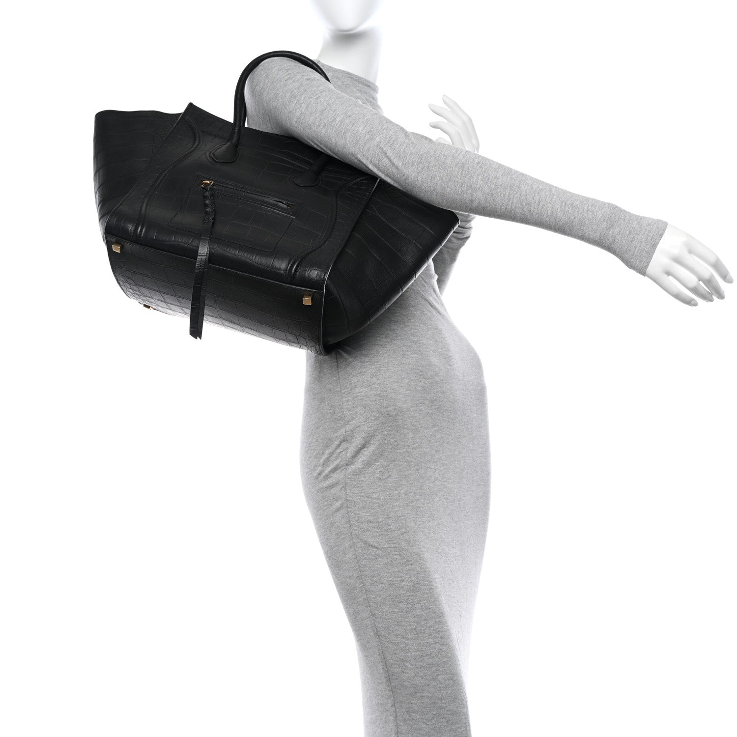 Celine Crocodile Embossed Calfskin Medium Phantom Luggage Black 3 of 10