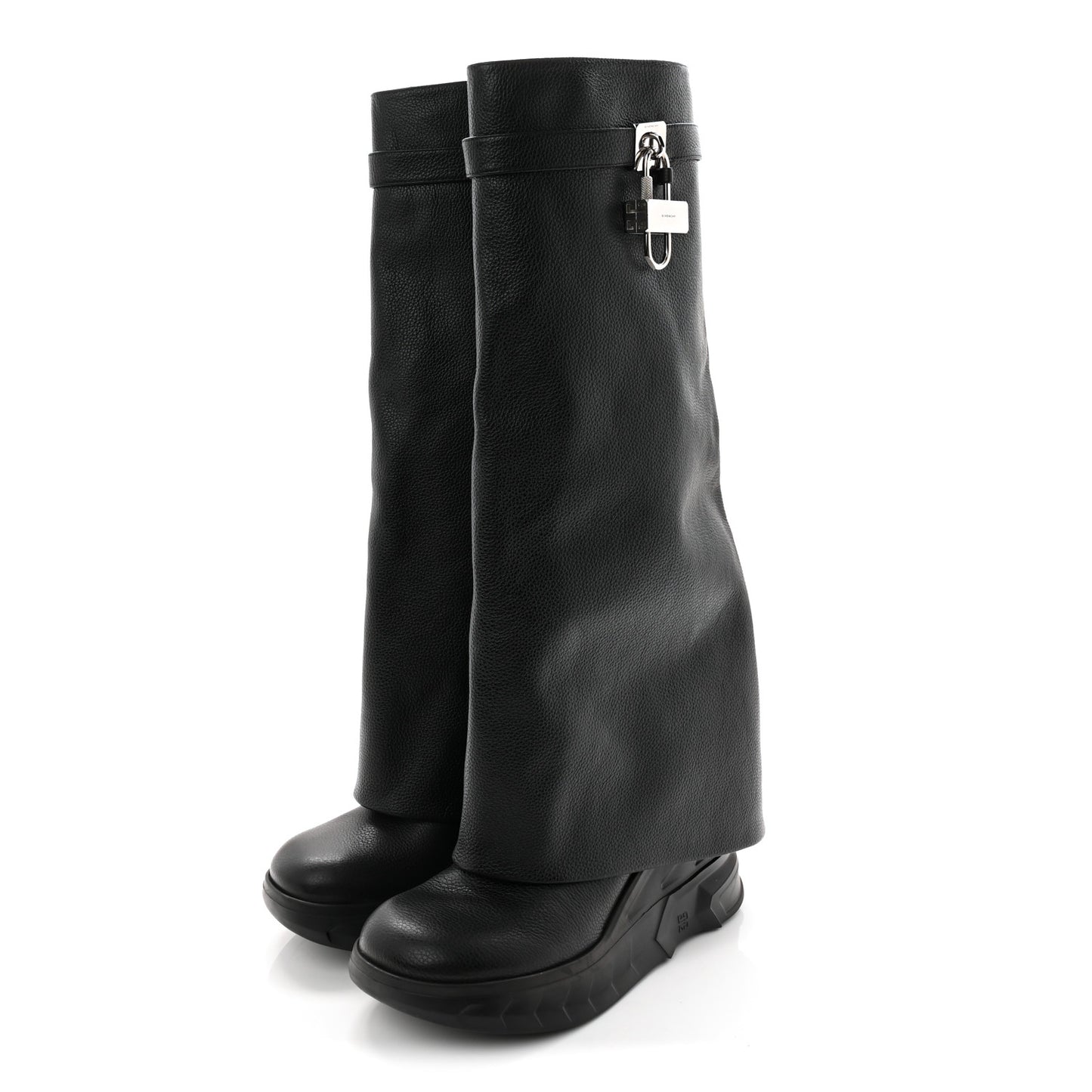 Grained Calfskin Shark Lock Biker Knee Boots 40 Black