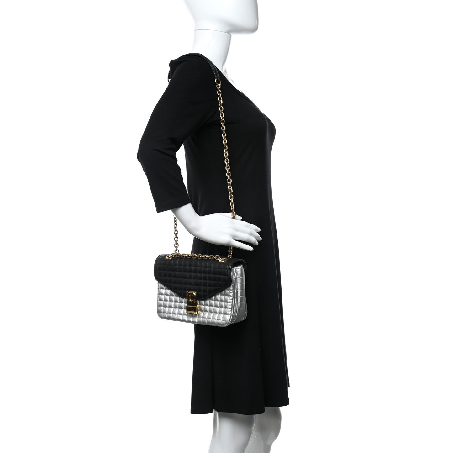 Calfskin Quilted Medium C Bag Silver Black