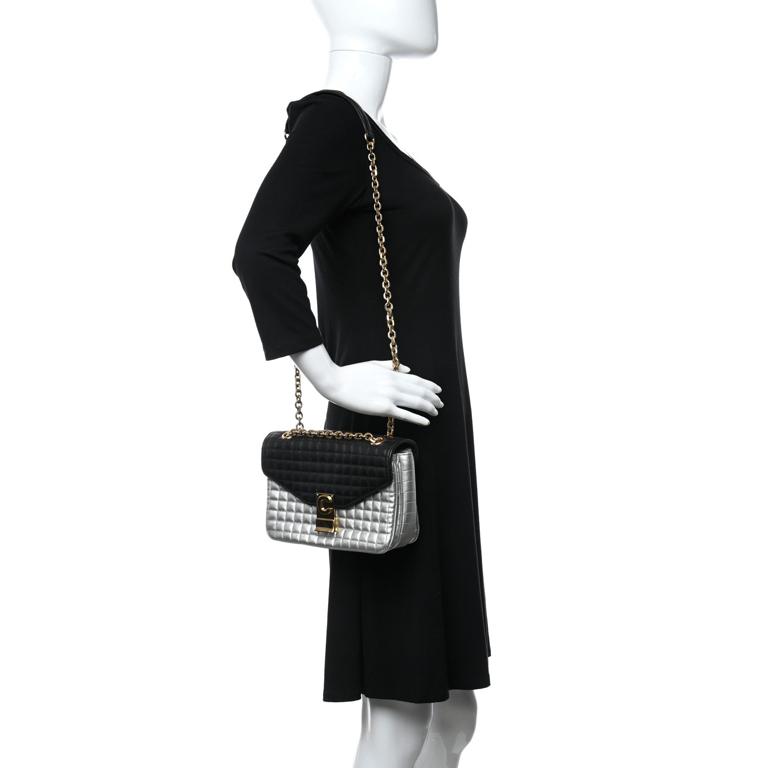 Celine Calfskin Quilted Medium C Bag Silver Black 2 of 14