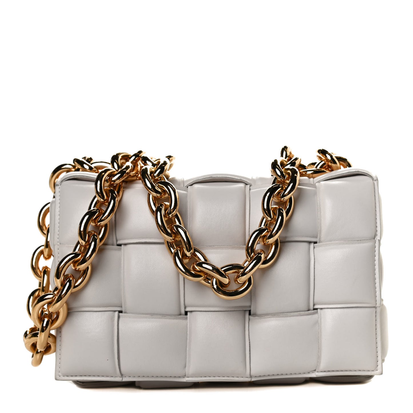 Lambskin Maxi Intreccio Padded Chain Cassette Crossbody Bag White