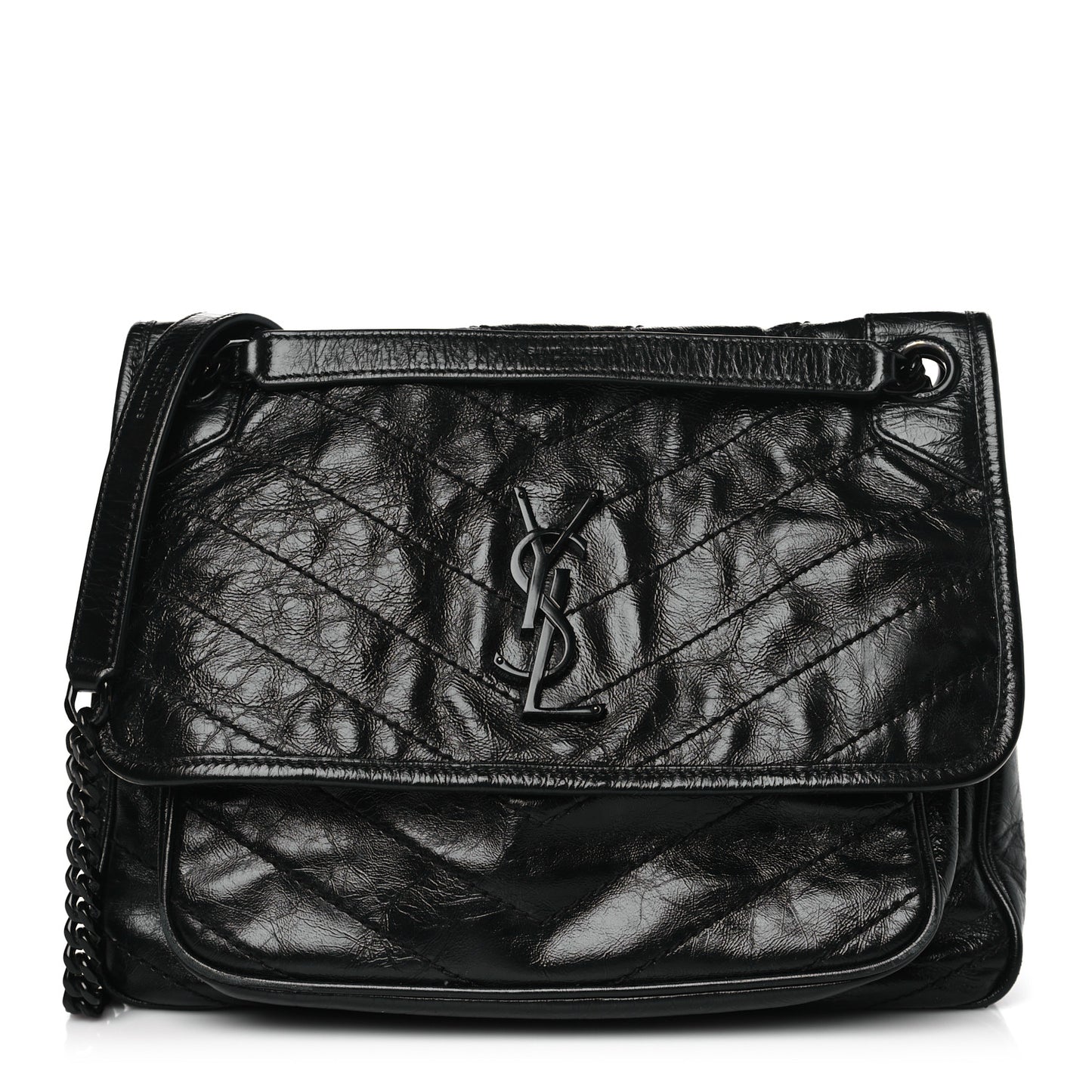 Crinkled Calfskin Matelasse Monogram Medium Niki Chain Satchel Black