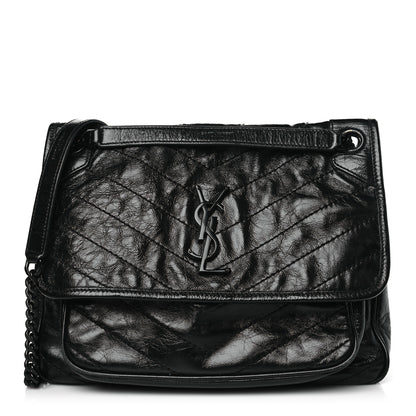 Saint Laurent Crinkled Calfskin Matelasse Monogram Medium Niki Chain Satchel Black 1 of 10