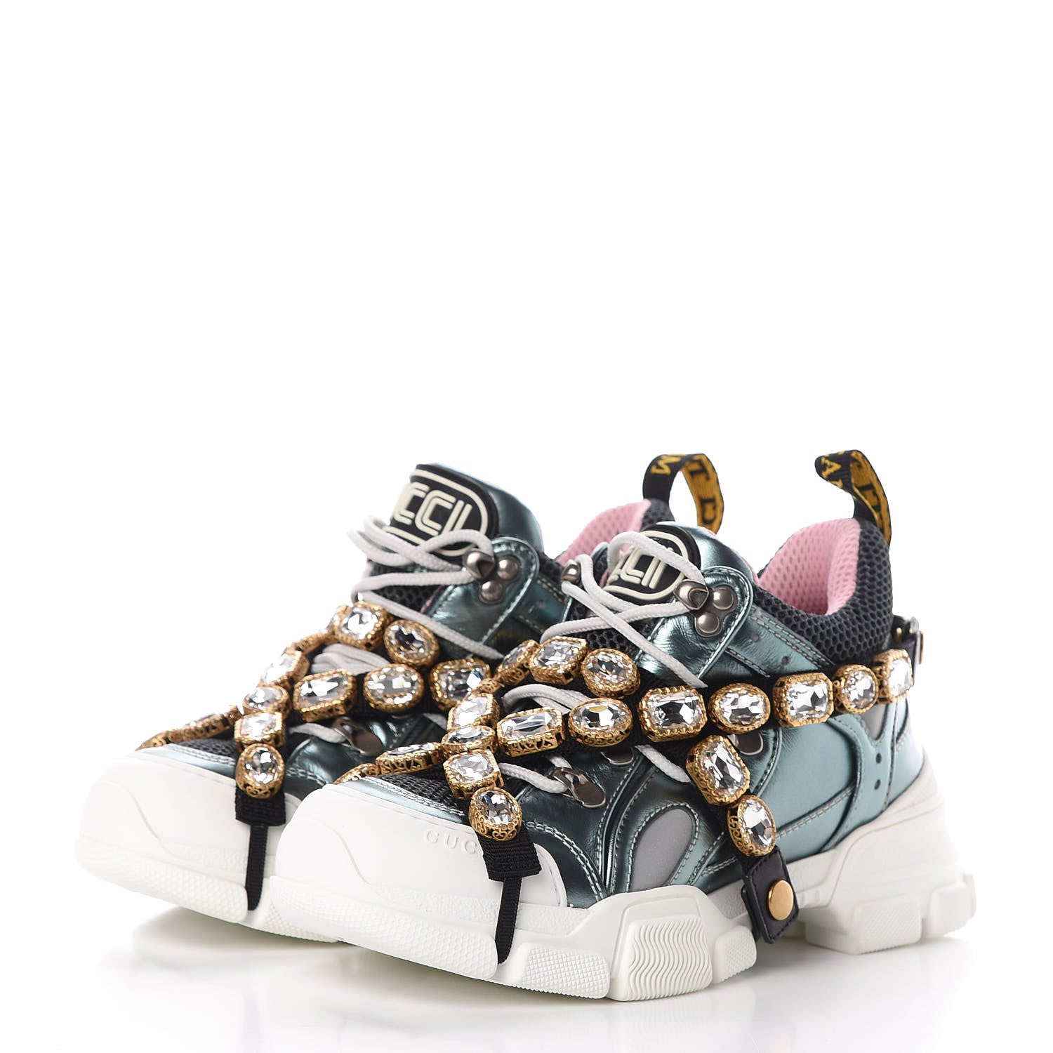 Gucci X SEGA Metallic Calfskin Removable Crystals Womens Flashtrek Sneakers 36.5 Lago Loess Silver 3 of 9