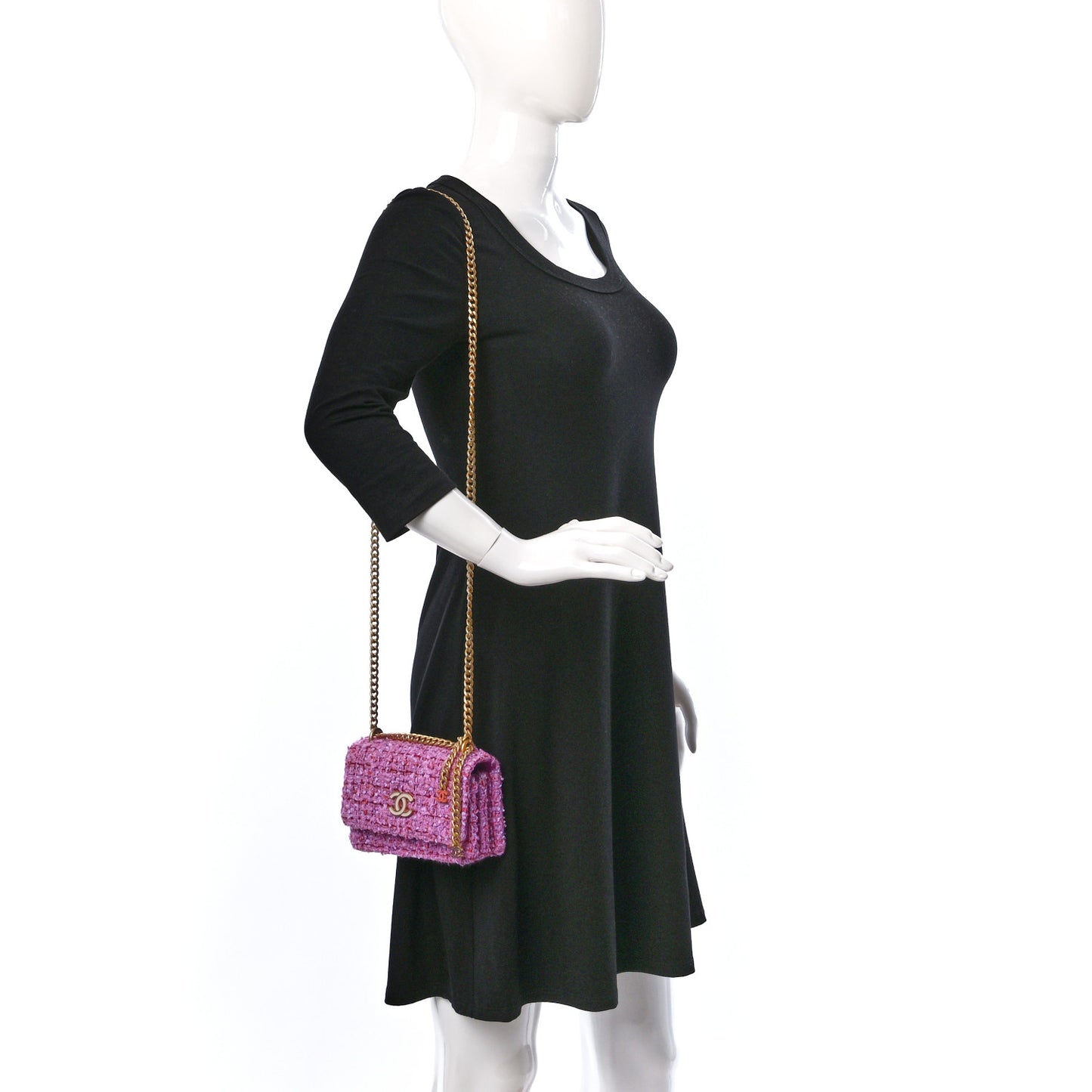 Tweed Enamel Quilted Pending CC Mini Wallet On Chain WOC Pink Purple