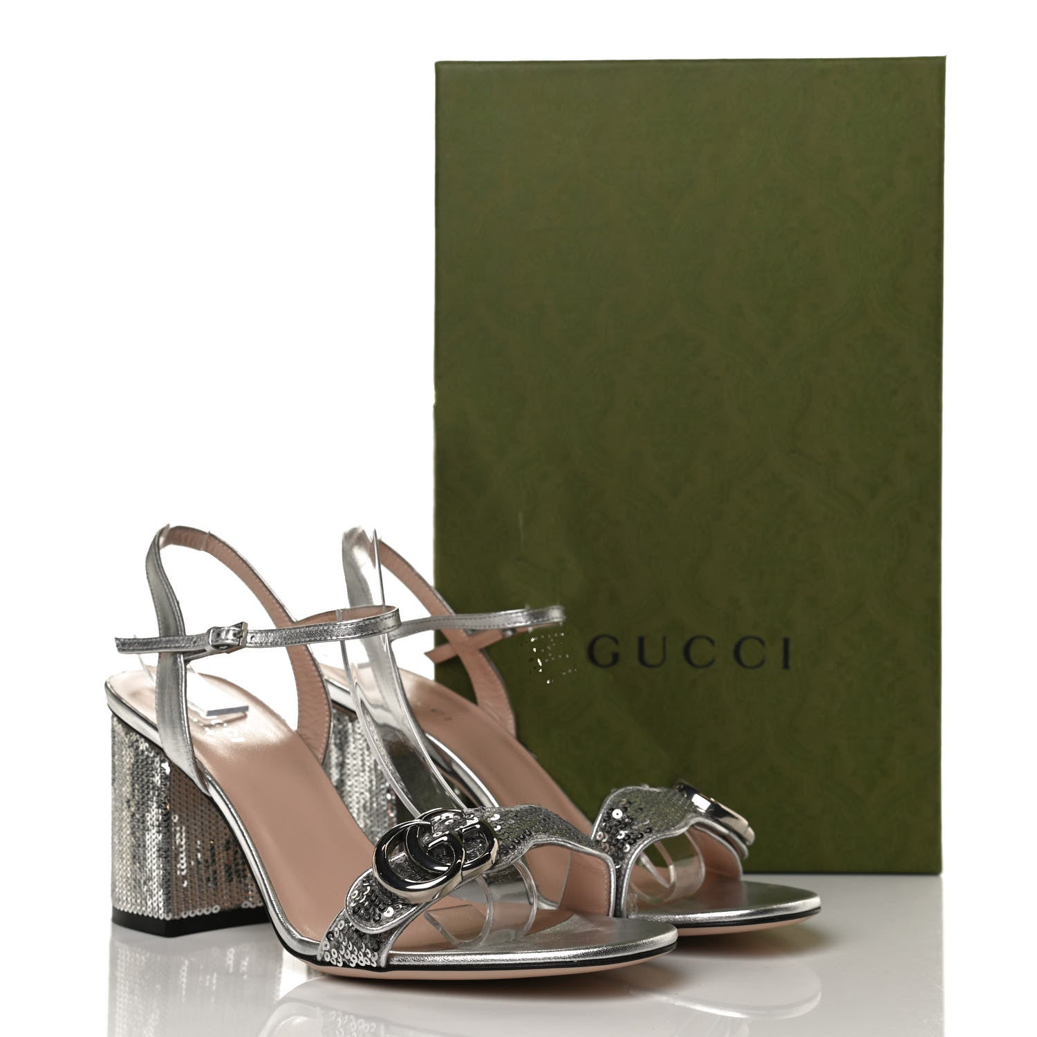 Gucci Sequin Satin Nappa GG Marmont Ankle Wrap 75mm Sandals 38.5 Silver Grigio Argento 10 of 10