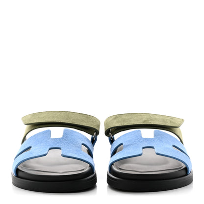 Hermes Suede Goatskin Womens Chypre Sandals 36 Bleu Cameo Vert 2 of 11