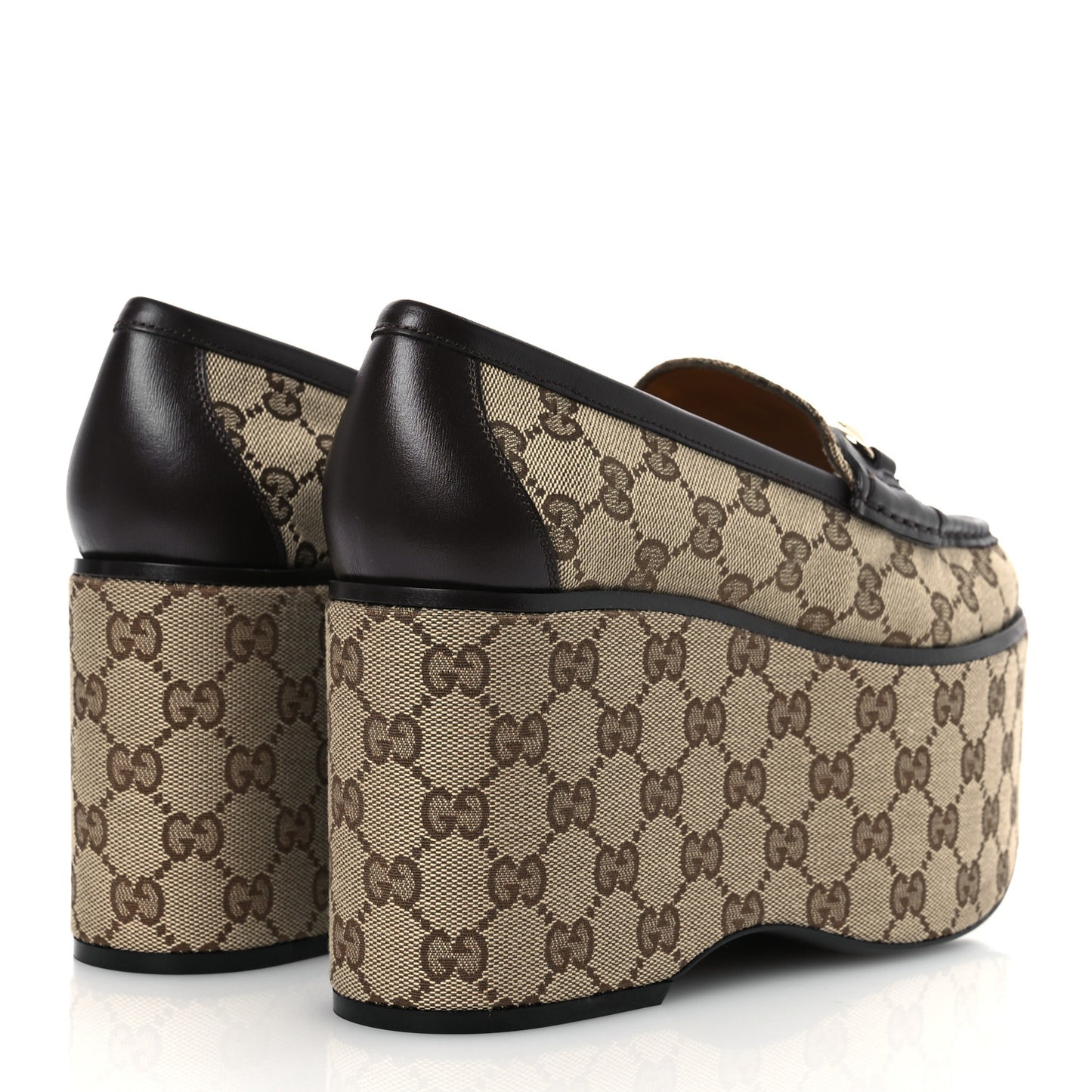 Canvas GG Monogram Horsebit Calfskin Womens Horsebit Platform Loafers 39.5 Beige Ebony Cocoa