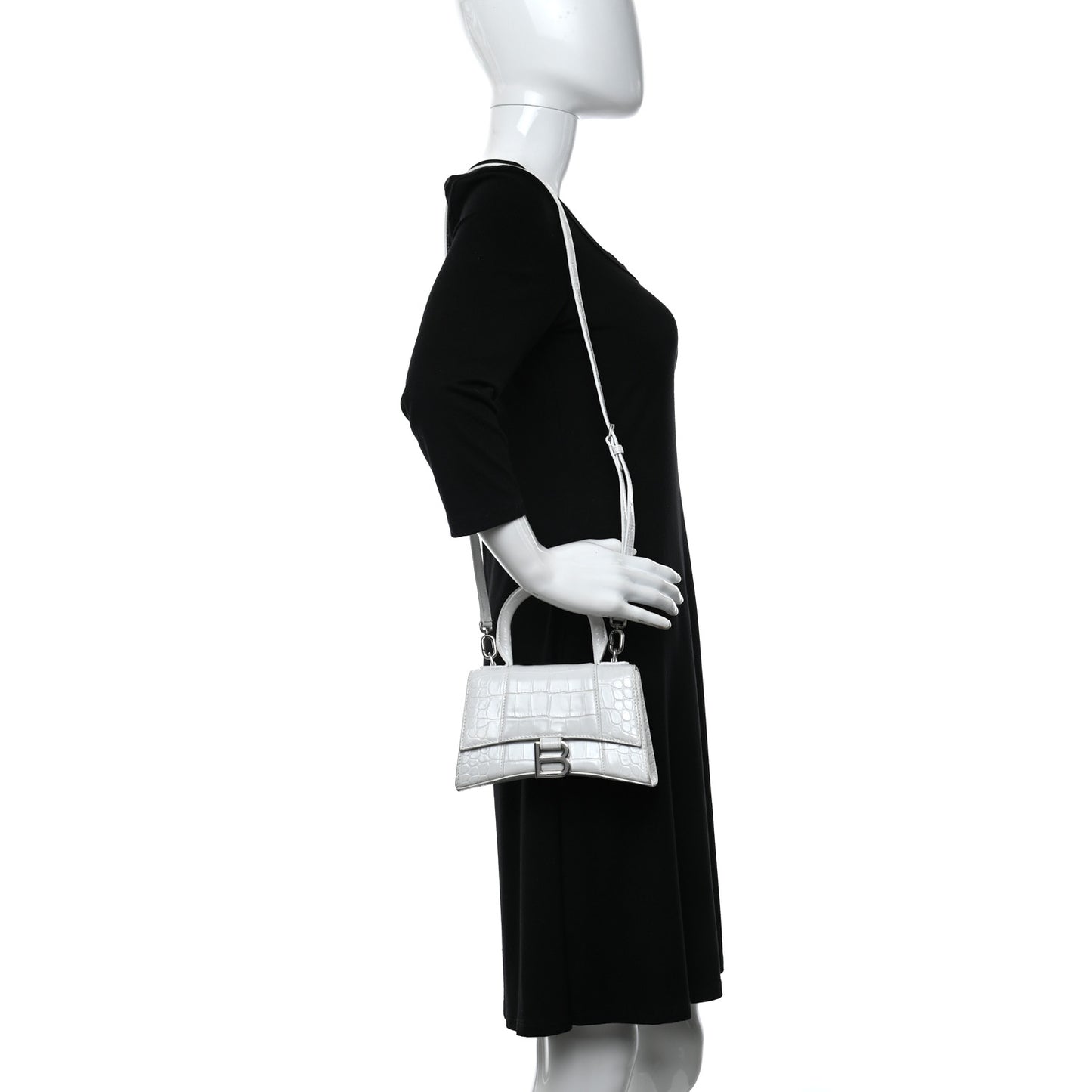 Shiny Calfskin Crocodile Embossed Hourglass Top Handle Bag XS White
