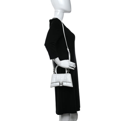 Balenciaga Shiny Calfskin Crocodile Embossed Hourglass Top Handle Bag XS White 2 of 19