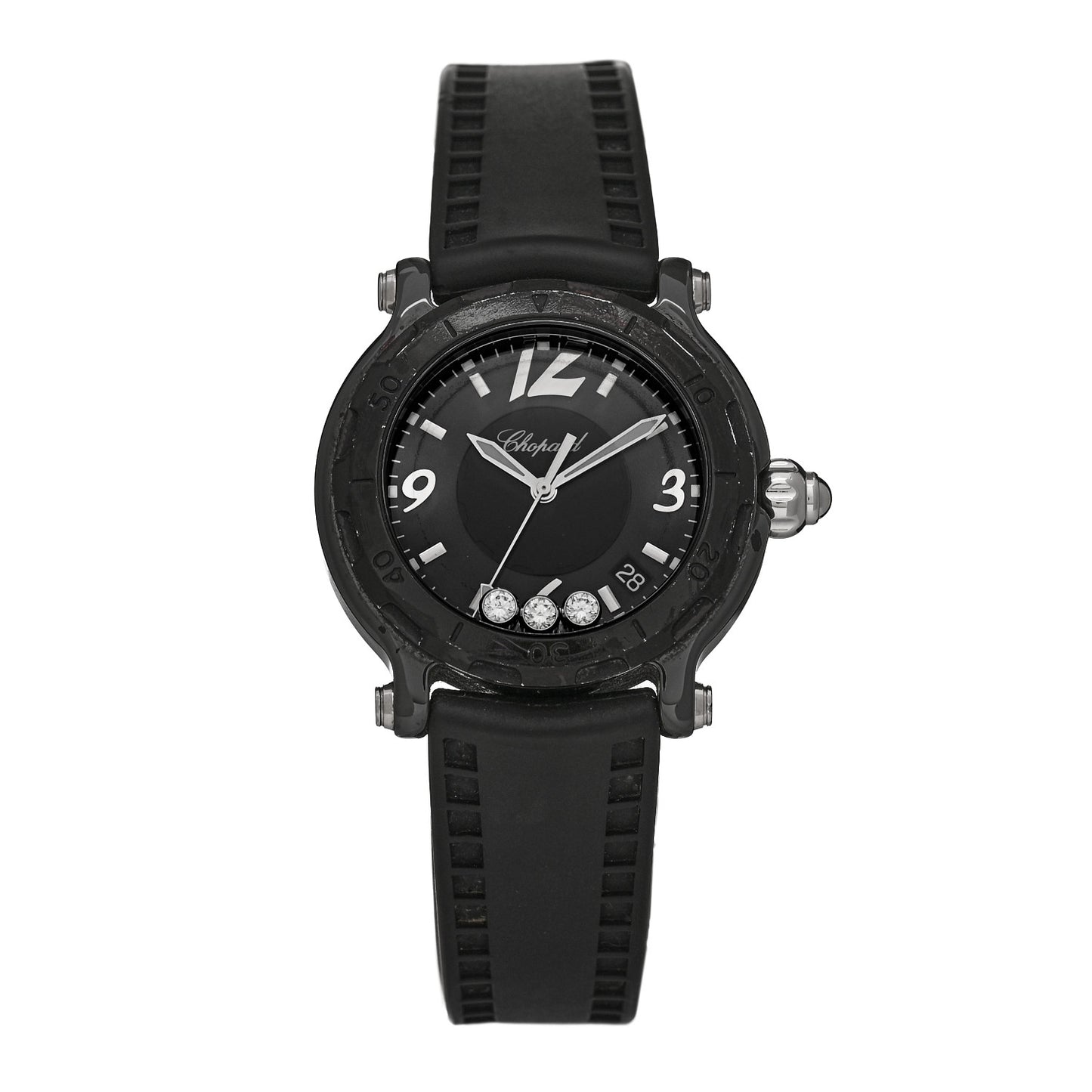 Stainless Steel Ceramic Rubber 3 Diamond 38mm Happy Sport Quartz Watch Black