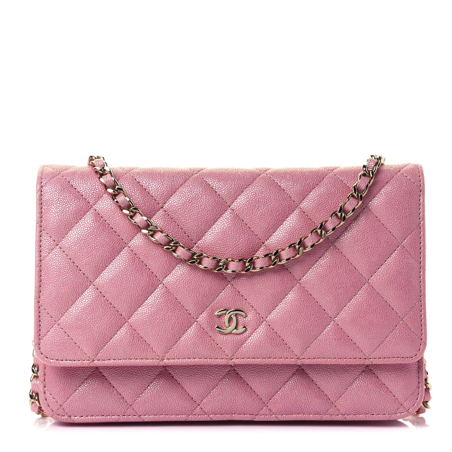 Iridescent Caviar Quilted Wallet on Chain WOC Rose Pink