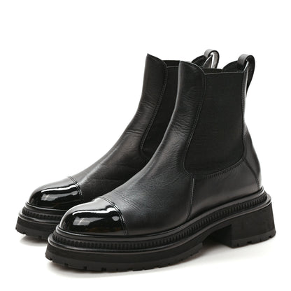 Chanel Crumpled Calfskin Patent Cap Toe Short Boots 37 Black 3 of 8