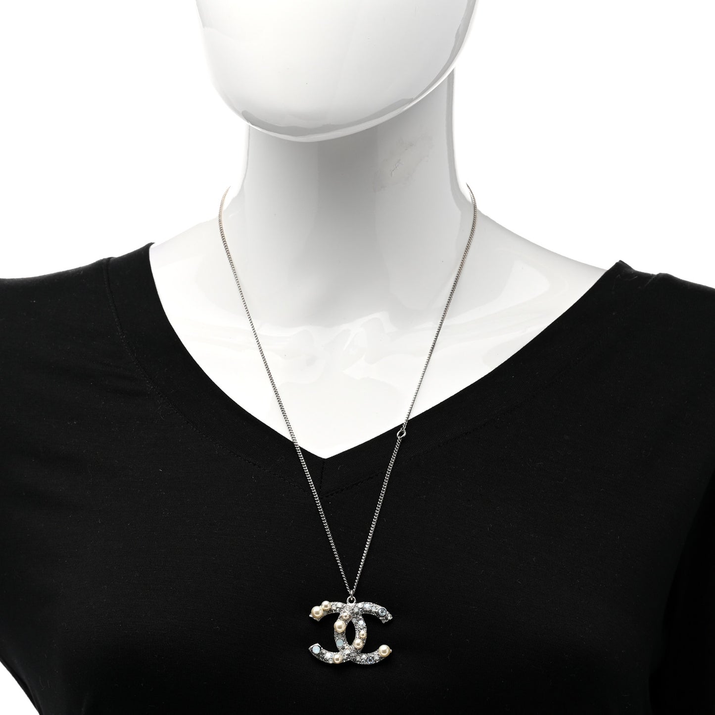 Crystal Pearl CC Pendant Necklace Silver
