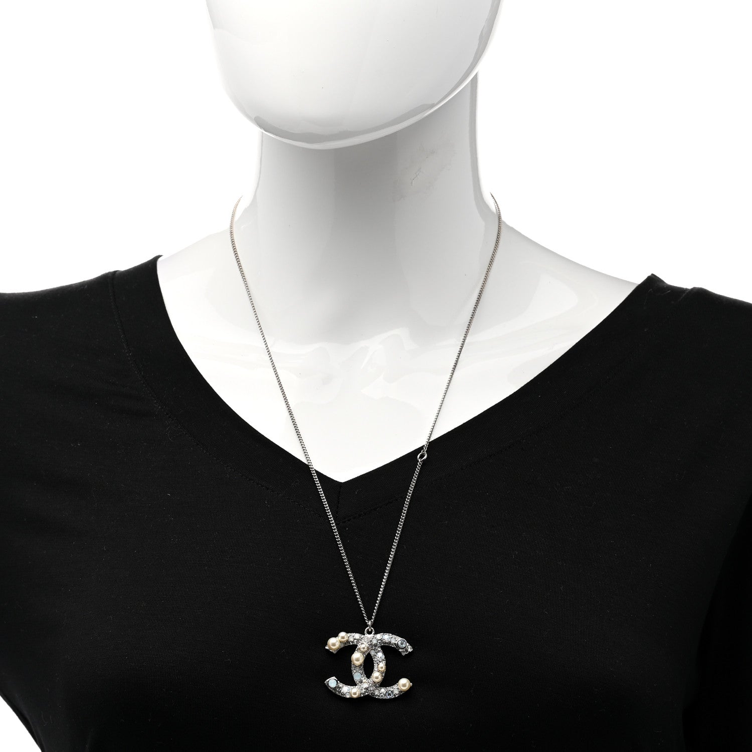 Chanel Crystal Pearl CC Pendant Necklace Silver 2 of 5
