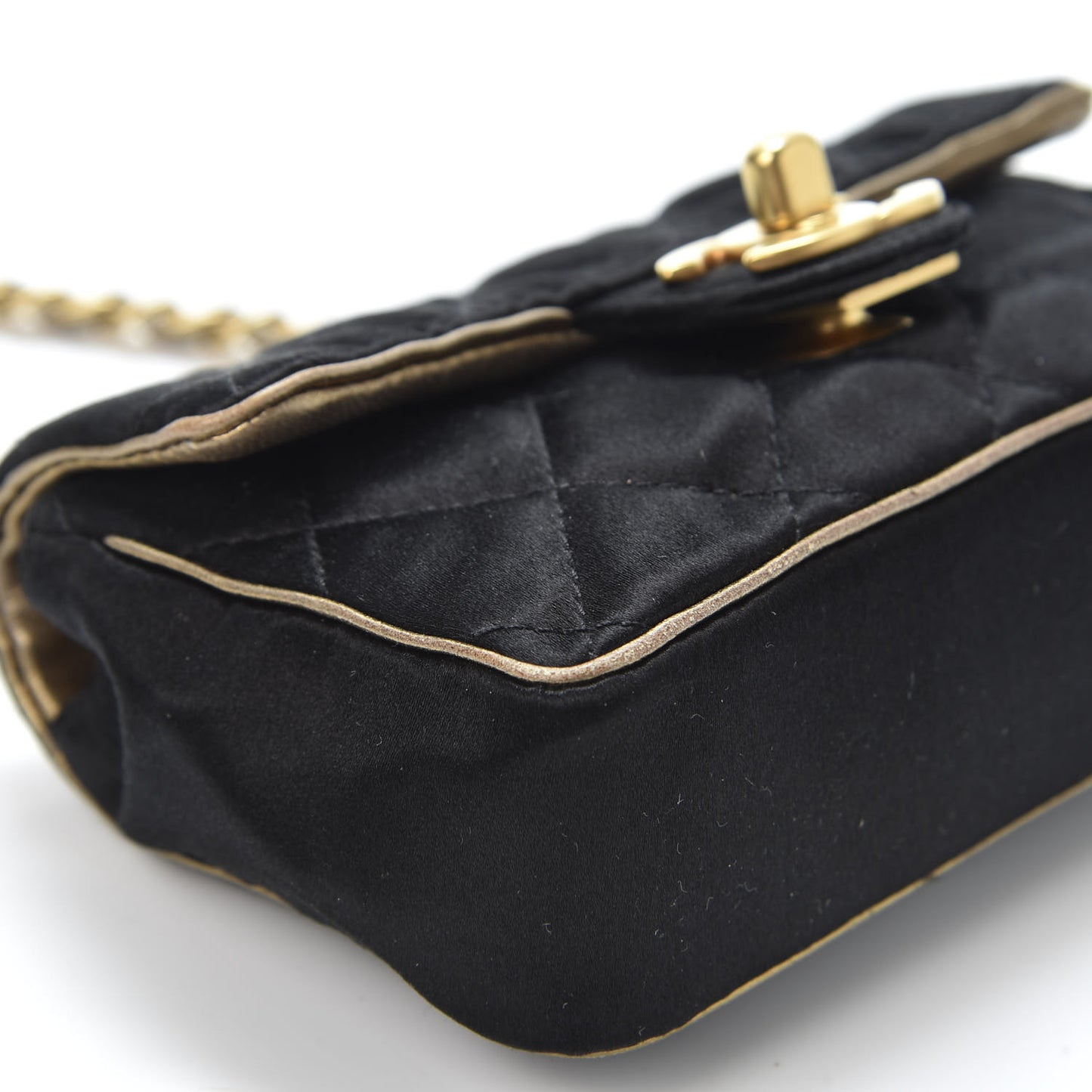 Satin Quilted Extra Mini Flap Black Gold