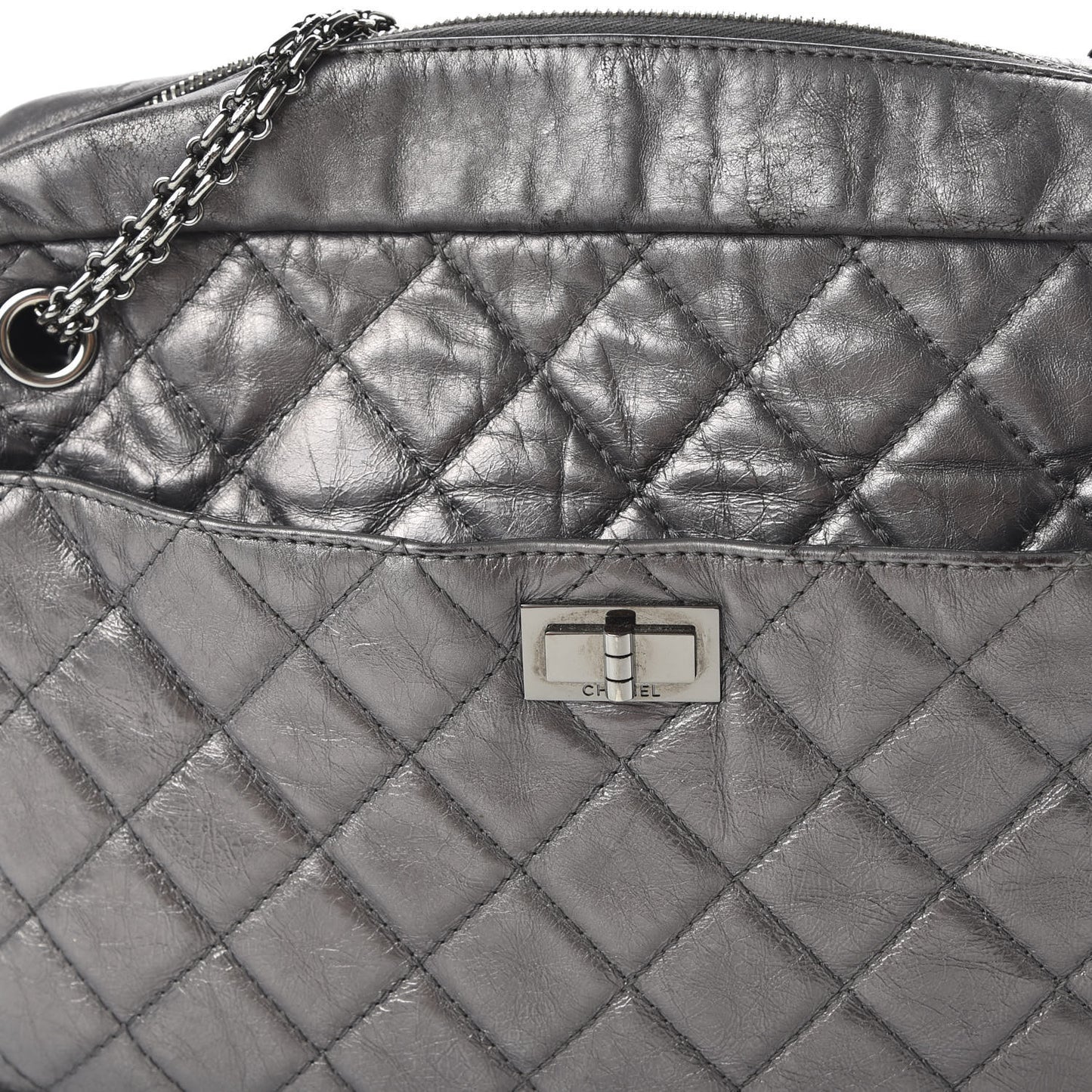Metallic Aged Calfskin Quilted Large Reissue Camera Case Silver