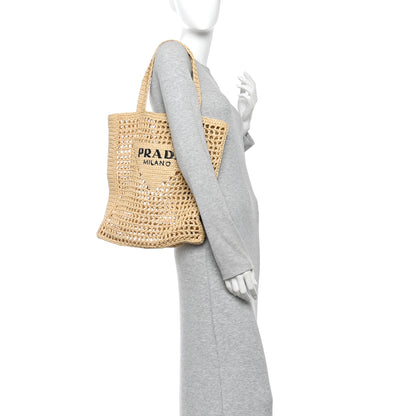 Prada Yarn Raffia Effect Crochet Logo Embroidered Tote Bag Naturale 2 of 9