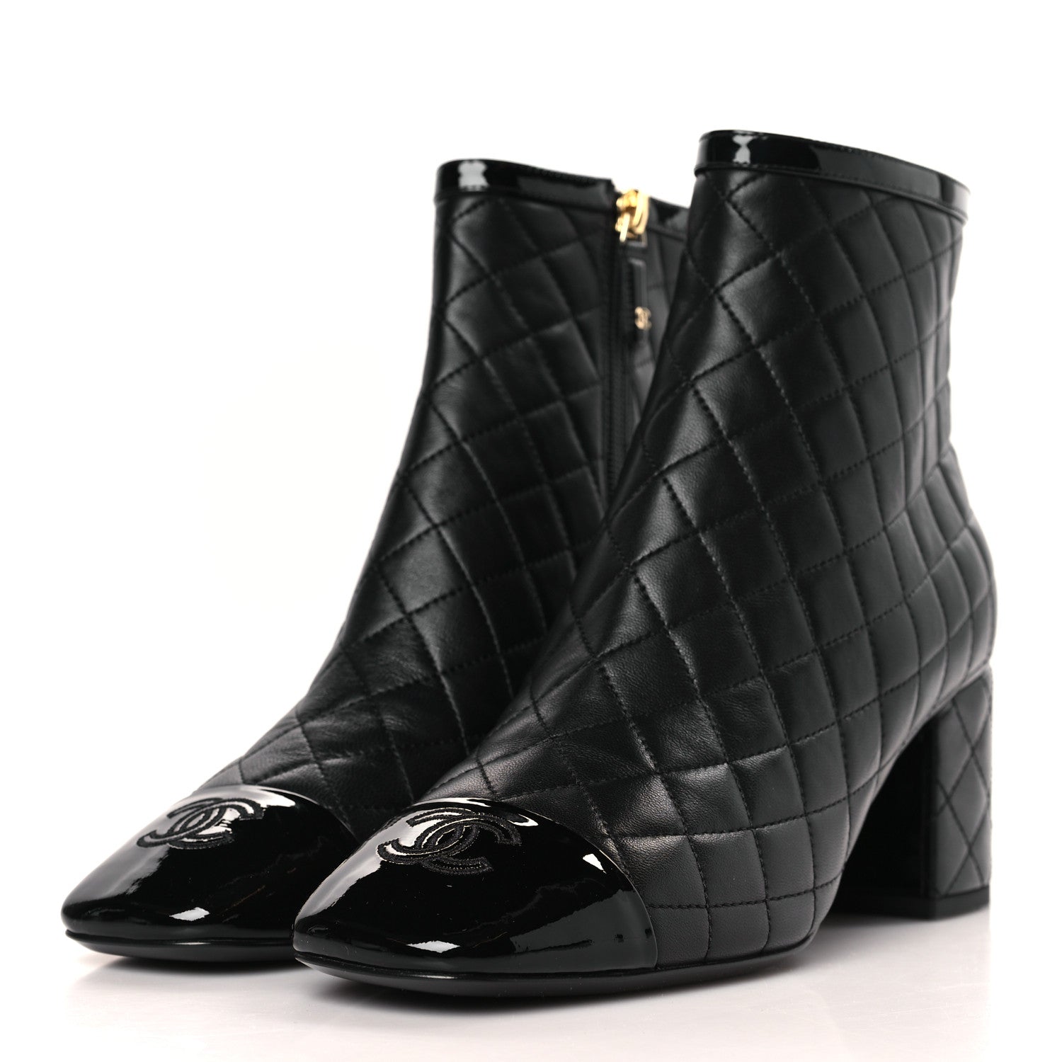 Chanel Lambskin Quilted Patent Cap Toe CC Booties 38 Black 3 of 7