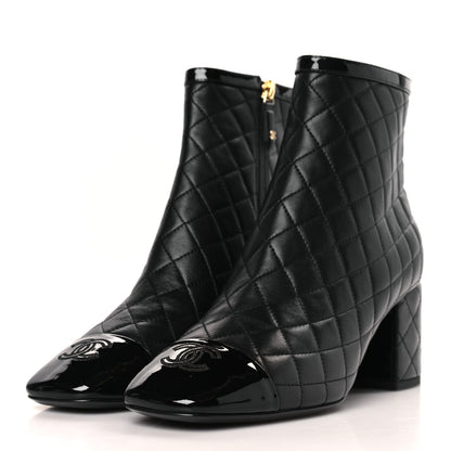 Chanel Lambskin Quilted Patent Cap Toe CC Booties 38 Black 3 of 7