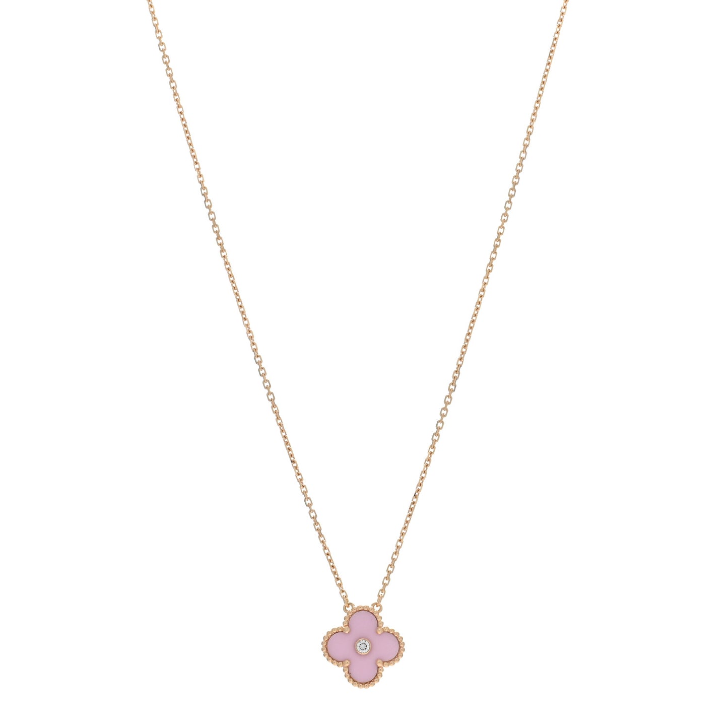 VAN CLEEF & ARPELS 18K Rose Gold Diamond Pink Porcelain Vintage Alhambra Pendant Necklace