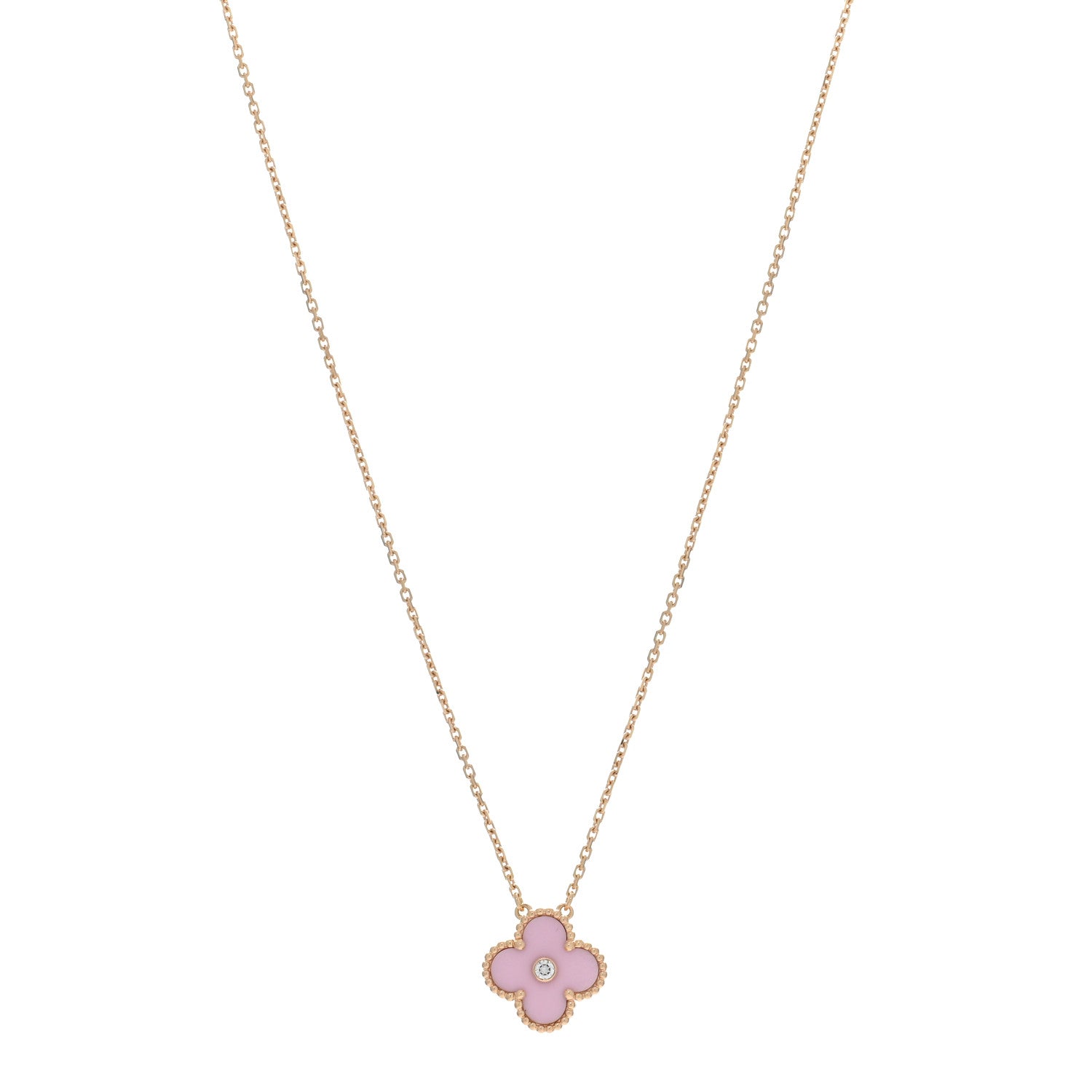 Van Cleef & Arpels VAN CLEEF & ARPELS 18K Rose Gold Diamond Pink Porcelain Vintage Alhambra Pendant Necklace 1 of 4