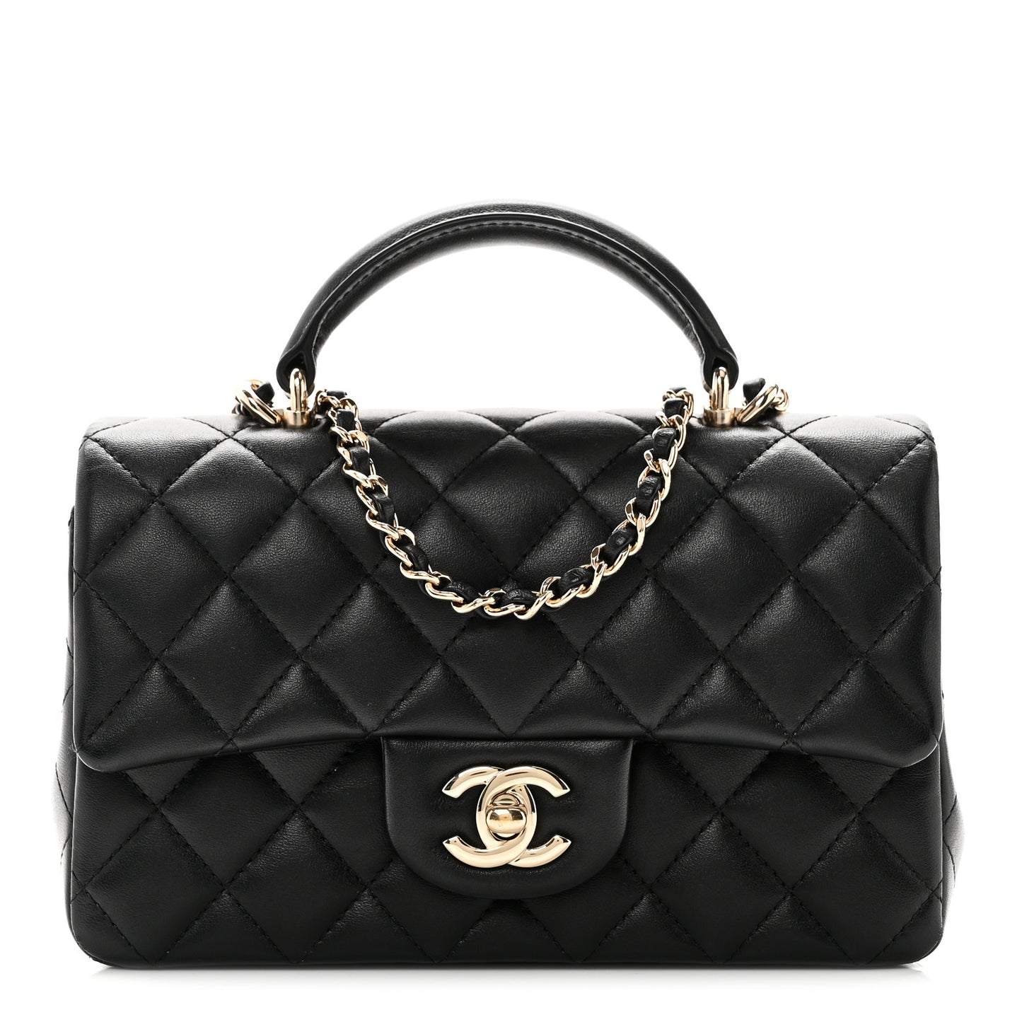 Lambskin Quilted Mini Top Handle Rectangular Flap Black