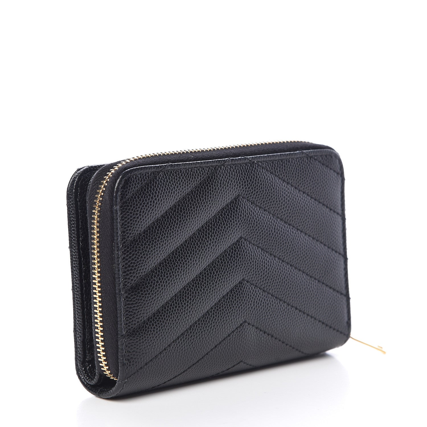 Saint Laurent Grain De Poudre Matelasse Chevron Monogram Compact Zip Around Wallet Black 3 of 11