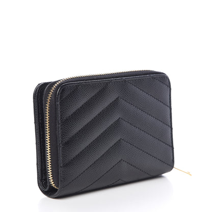 Saint Laurent Grain De Poudre Matelasse Chevron Monogram Compact Zip Around Wallet Black 3 of 11