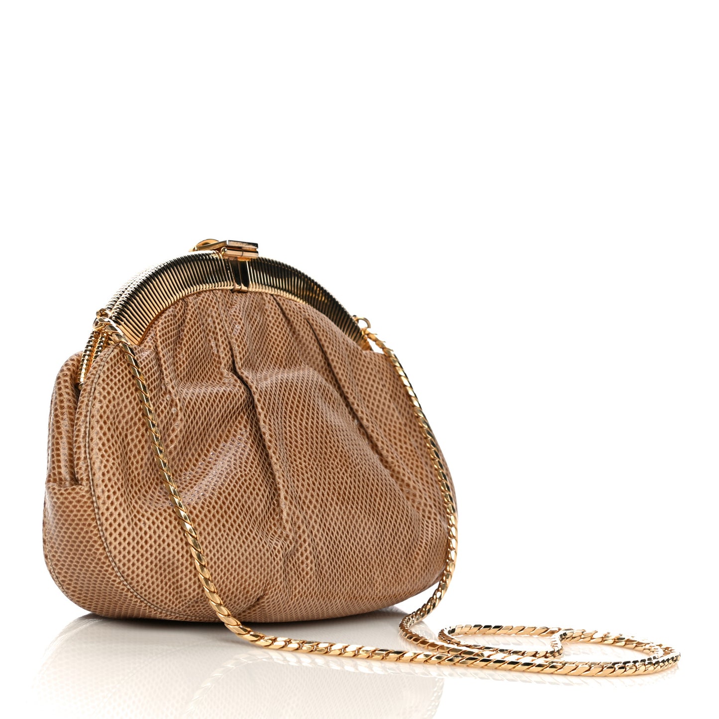 Lizard Embossed Pleated Evening Bag Brown Gold
