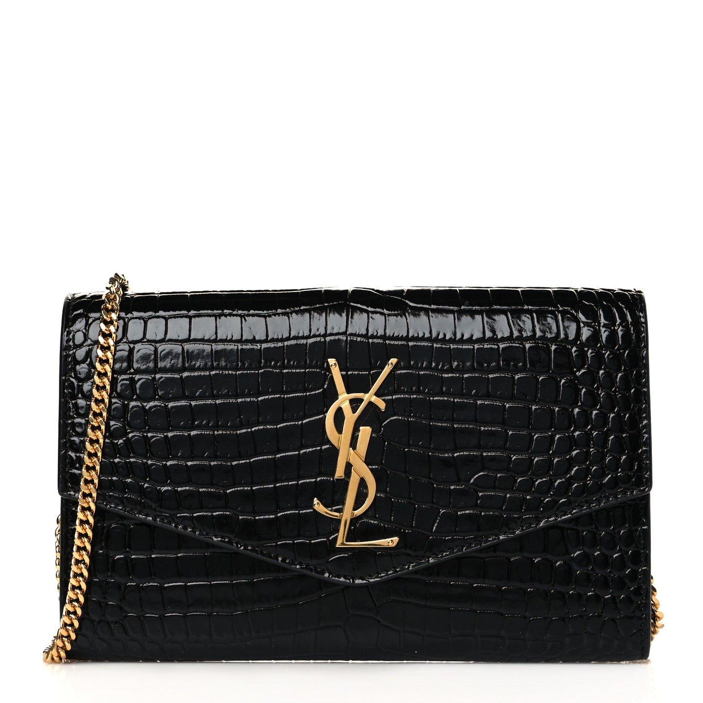 Calfskin Crocodile Embossed Monogram Uptown Chain Wallet Black