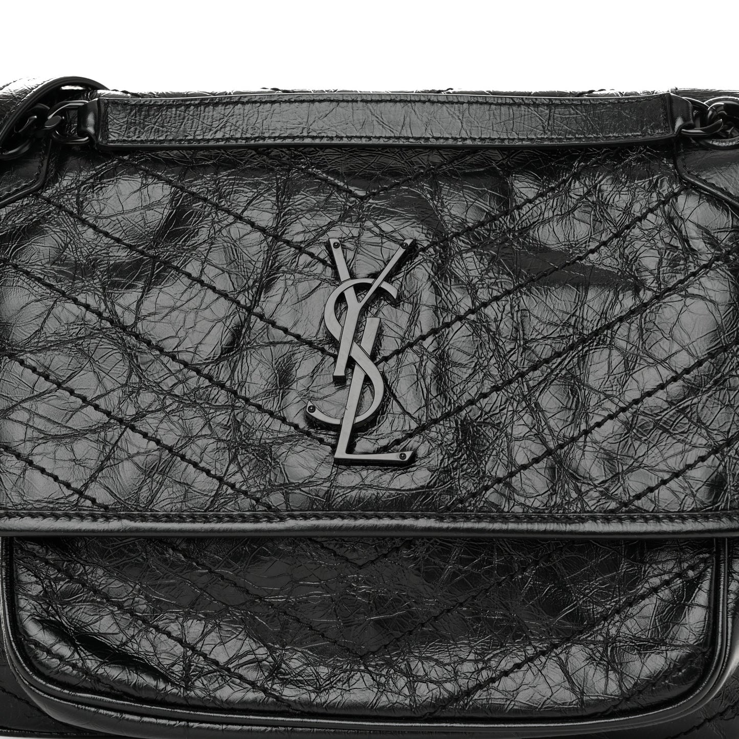 Crinkled Calfskin Matelasse Monogram Medium Niki Chain Satchel Black